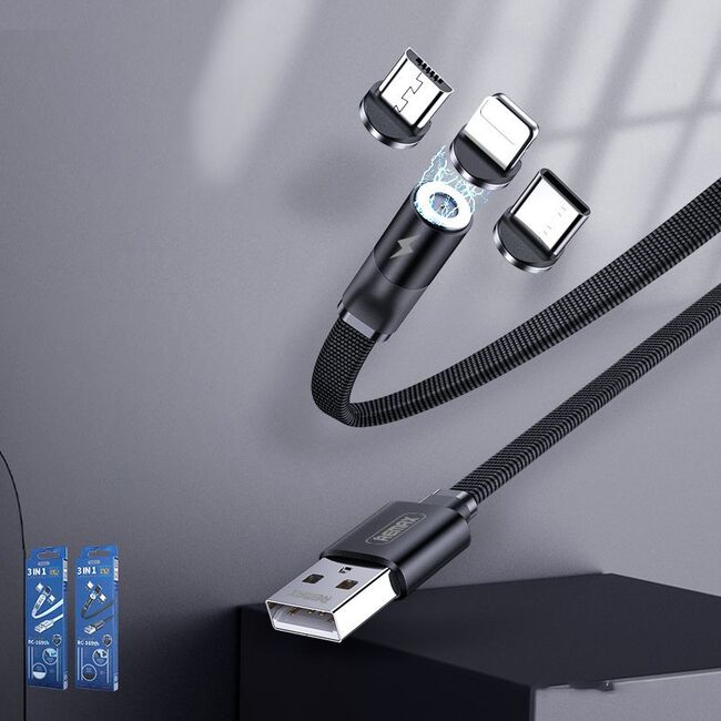 Cablu magnetic 3 in 1 Remax Flag Series cablu USB + set kit Lightning / USB Type C / micro USB 2.1A 1m (RC-169th), negru