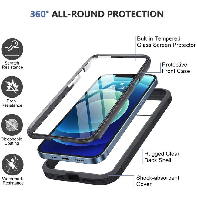 Pachet 360: Folie integrata sticla 9H + Husa iPhone 12, 12 Pro Full Body, tempered Glass 9H, clear-black