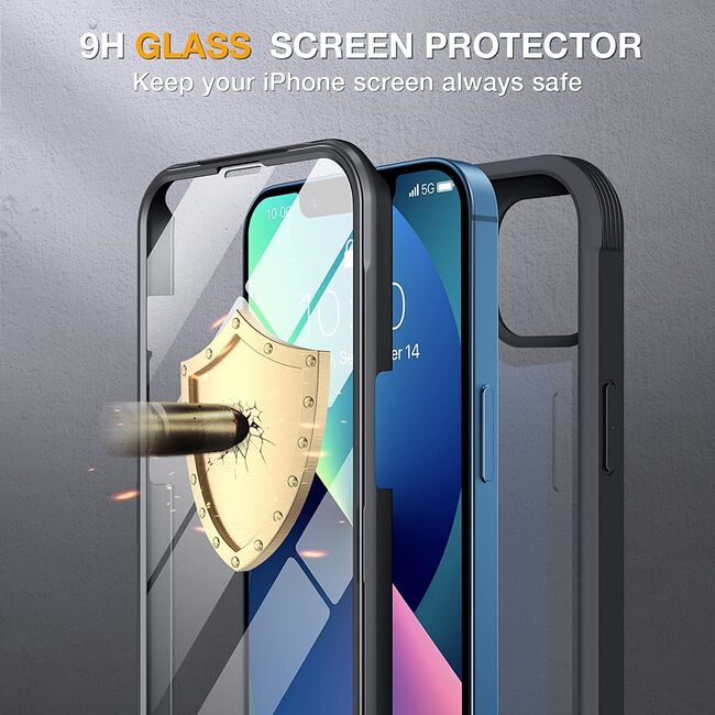 Pachet 360: Folie integrata sticla 9H + Husa iPhone 13 Full Body, tempered Glass 9H, clear-black