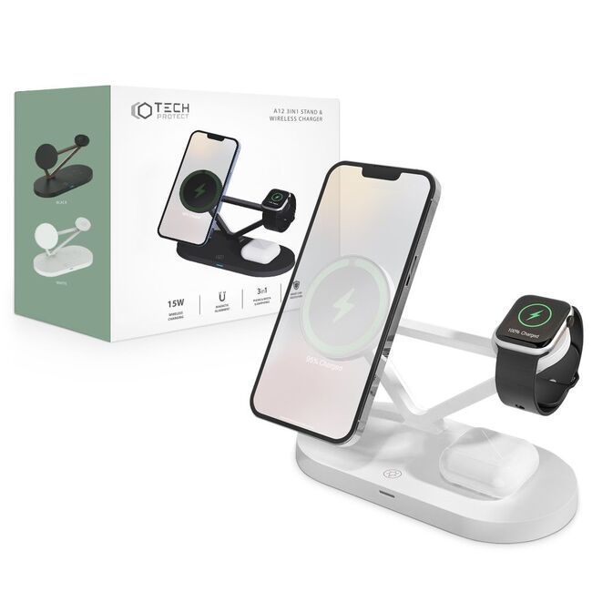 Statie incarcare wireless Tech-Protect A13 3 in 1 pentru iPhone, Apple Watch, AirPods, Magnetic MagSafe, alb