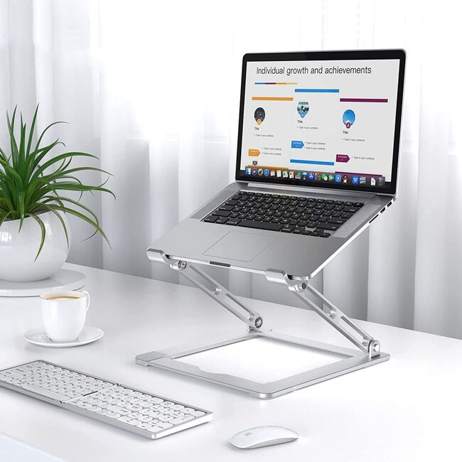 Stand Reglabil Profesional din Aluminiu pentru Laptop – Suport Ergononomic Pliabil, Compatibil până la 17", Răcire Eficientă, Unghi Ajustabil, argintiu