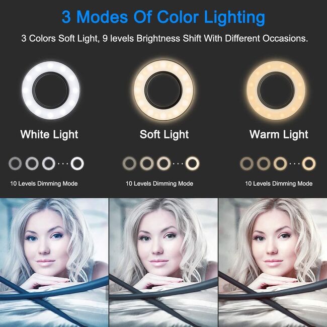 Suport flexibil universal pentru telefon cu lumina led circulara - Sistem 2 in 1 pentru selfie, video-call, alb