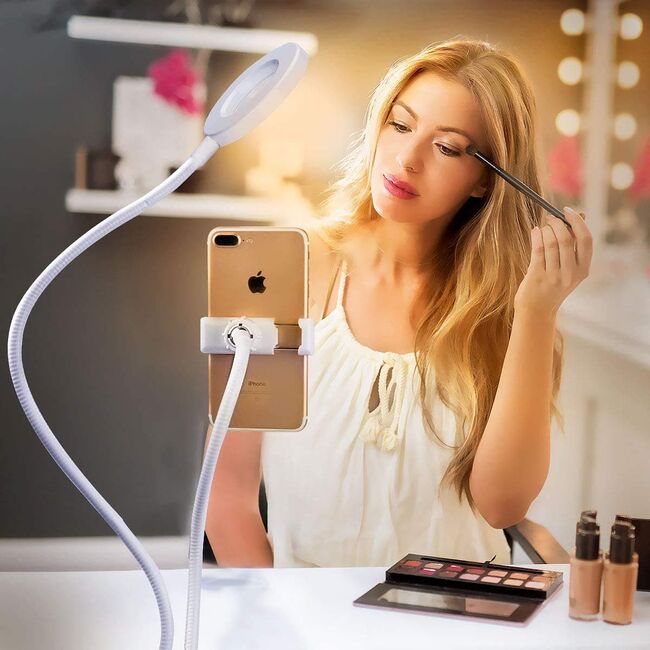 Suport flexibil universal pentru telefon cu lumina led circulara - Sistem 2 in 1 pentru selfie, video-call, alb