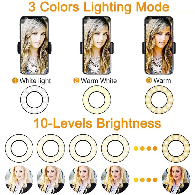 Suport flexibil universal pentru telefon cu lumina led circulara - Sistem 2 in 1 pentru selfie, video-call, alb