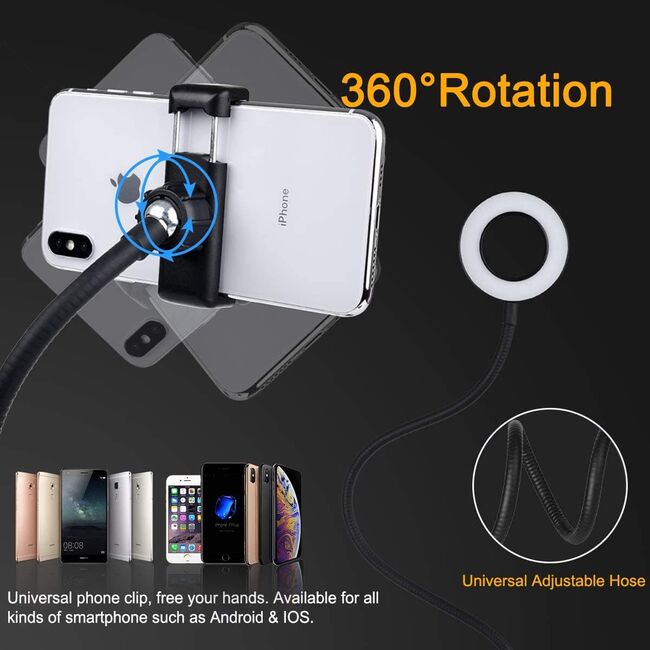 Suport flexibil universal pentru telefon si microfon cu lumina led circulara - Sistem 3 in 1 pentru selfie, video-call, negru