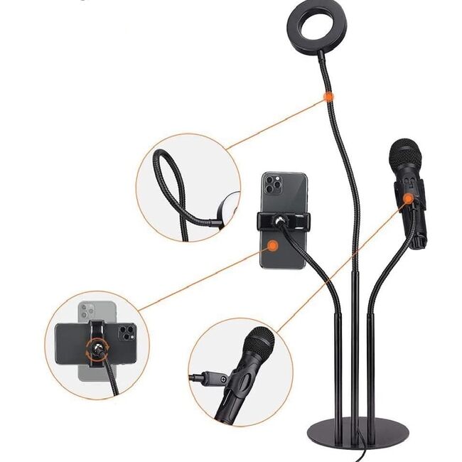 Suport flexibil universal pentru telefon si microfon cu lumina led circulara - Sistem 3 in 1 pentru selfie, video-call, negru