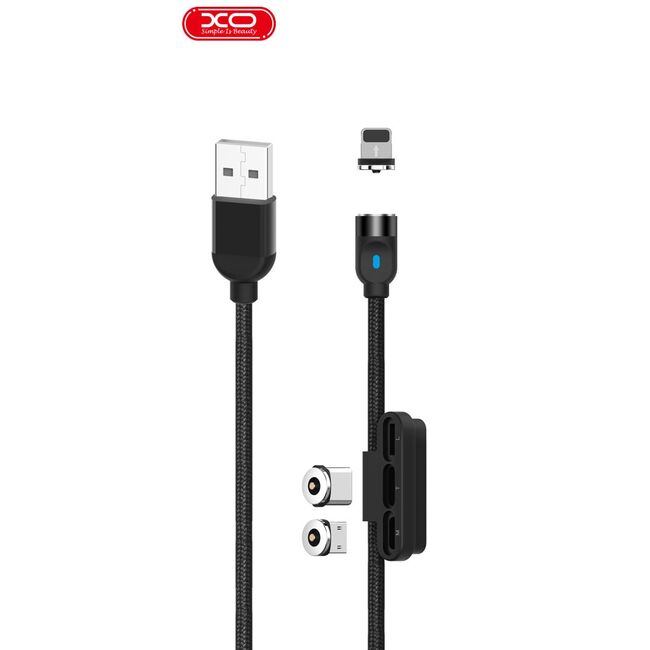 Cablu magnetic 3 in 1 XO NB128 USB - Lightning + USB-C + microUSB 1,0 m 2,4A, negru