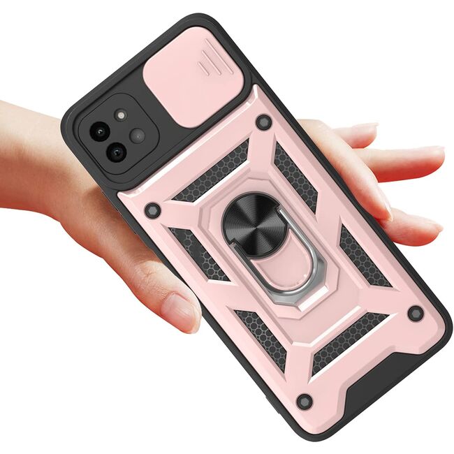 Husa pentru Samsung Galaxy A22 5G cu inel Ring Armor Kickstand Tough, protectie camera (negru - rose gold)