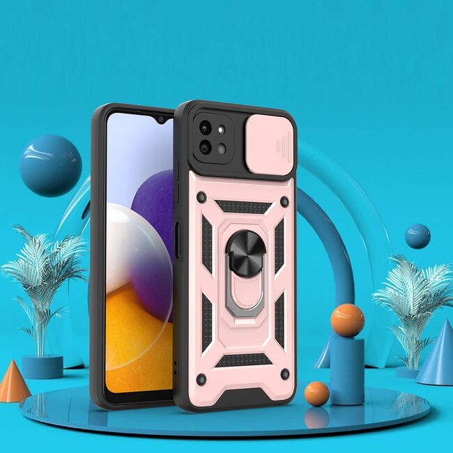 Husa pentru Samsung Galaxy A22 5G cu inel Ring Armor Kickstand Tough, protectie camera (negru - rose gold)