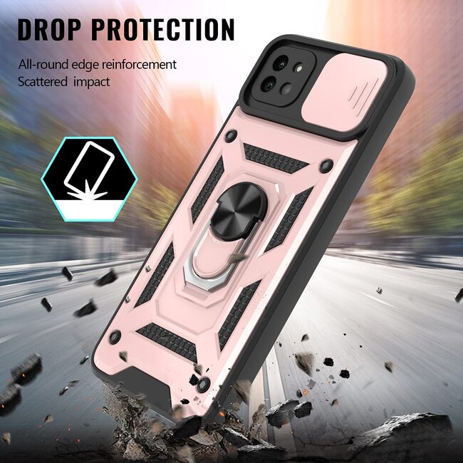 Husa pentru Samsung Galaxy A22 5G cu inel Ring Armor Kickstand Tough, protectie camera (negru - rose gold)