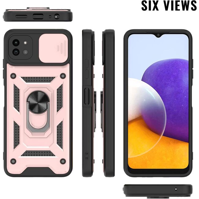 Husa pentru Samsung Galaxy A22 5G cu inel Ring Armor Kickstand Tough, protectie camera (negru - rose gold)