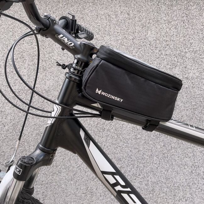 Borseta pentru bicicleta Wozinsky, cu husa impermeabila pentru telefoane pana in 6.5'', montare pe cadru, negru