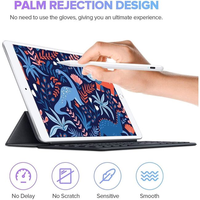 Stylus Pen activ pentru iPad, Profesional, Penite anti-zgarieturi, functie Palm Rejection, Tilt, Lag-Free, Magnetic, USB-C, Alb
