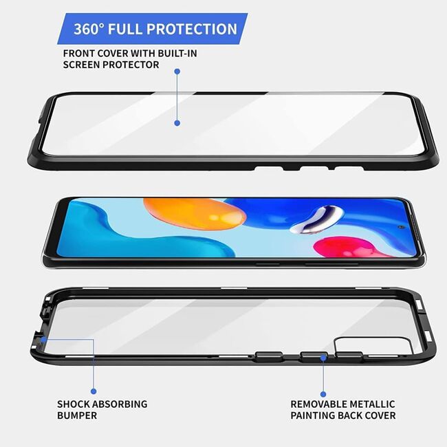 Husa 360 Magnetic Glass pentru Xiaomi Redmi Note 11 Pro 5G (sticla fata + spate), negru