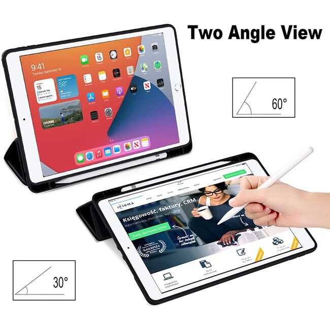 Husa iPad 10.2 inch 9/8/7 2021/2020/2019 cu suport Apple Pen si functie stand, negru + stylus cadou