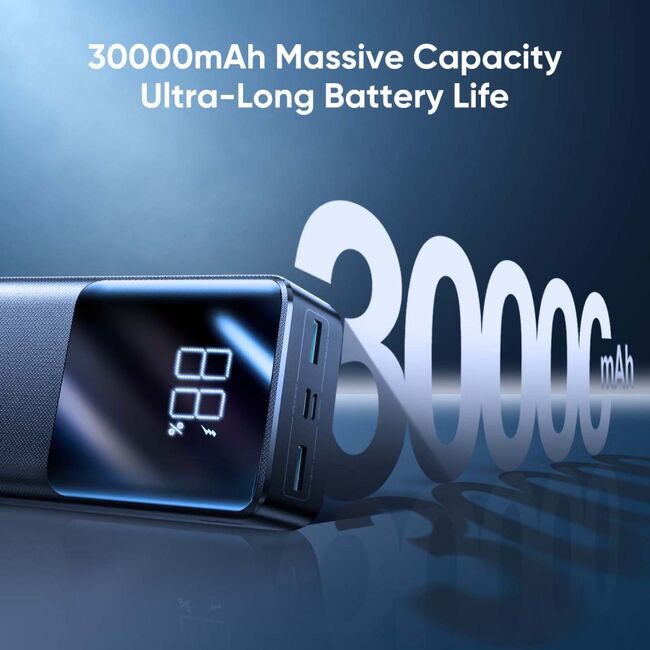 Baterie externa portabila Joyroom JR-QP193 30000 mAh, Quick Charge si PD 22.5W, 4 Porturi, Display digital LED, navy blue