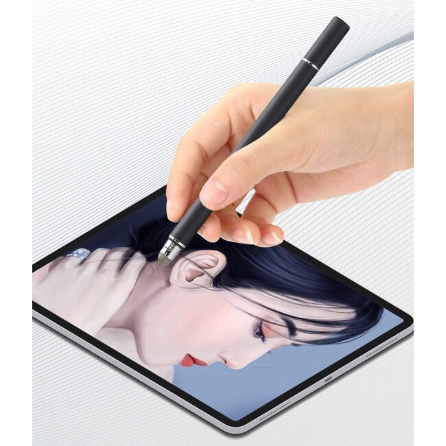 Stylus Pen 2 in 1 capacitiv pentru tablete si telefoane din aluminiu cu capace de protectie, negru