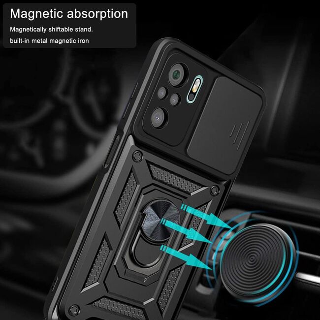 Husa pentru Xiaomi Redmi Note 10, 10S  cu inel Ring Armor Kickstand Tough, protectie camera (negru)