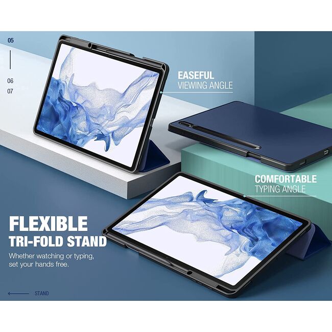 Husa pentru Samsung Galaxy Tab S7 Plus / S7 FE, S8 Plus 12.4 inch ProCase trifold cu solt pentru S-Pen, functie stand, navy blue