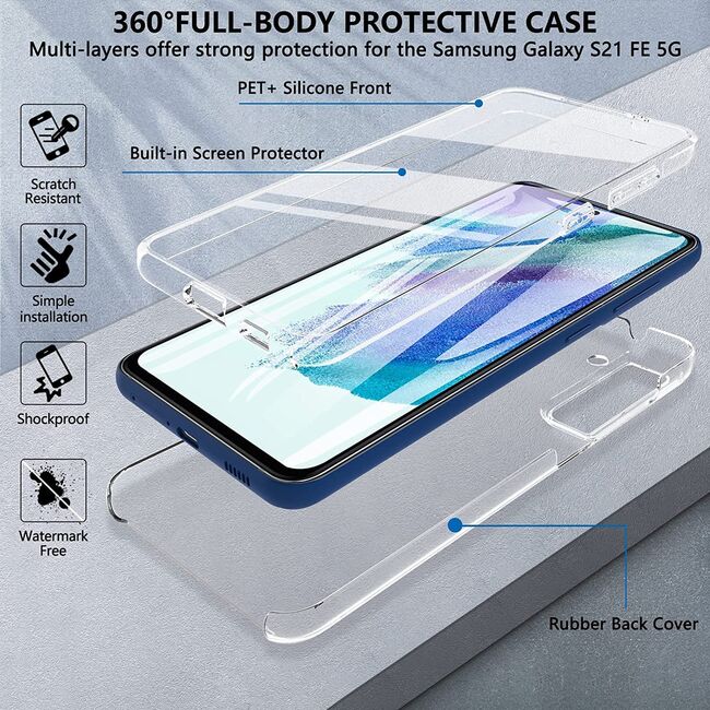 Pachet 360: Husa cu folie integrata pentru Samsung Galaxy S21 FE 360 Full Cover (fata+spate), clear