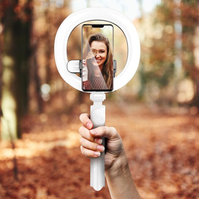 Selfie stick cu trepied, lampa circulara ring light, lumina dubla si control wireless prin telecomanda, alb