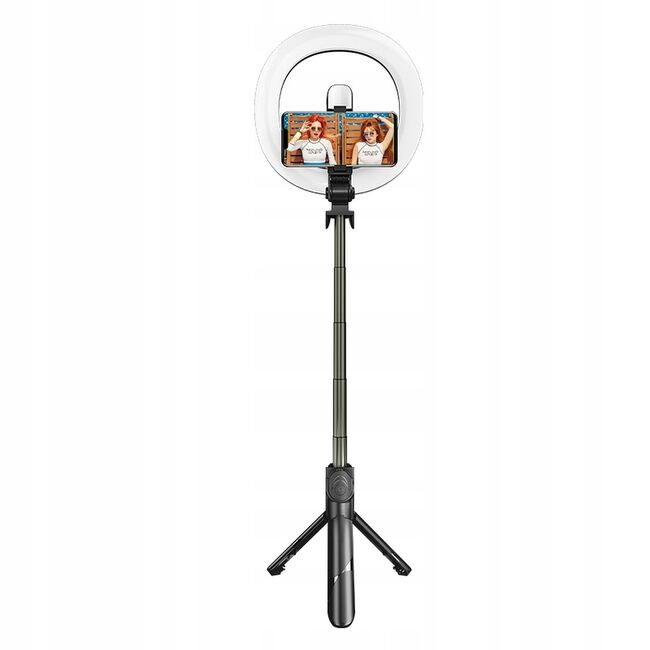 Selfie stick cu trepied, lampa circulara ring light, lumina dubla si control wireless prin telecomanda, negru
