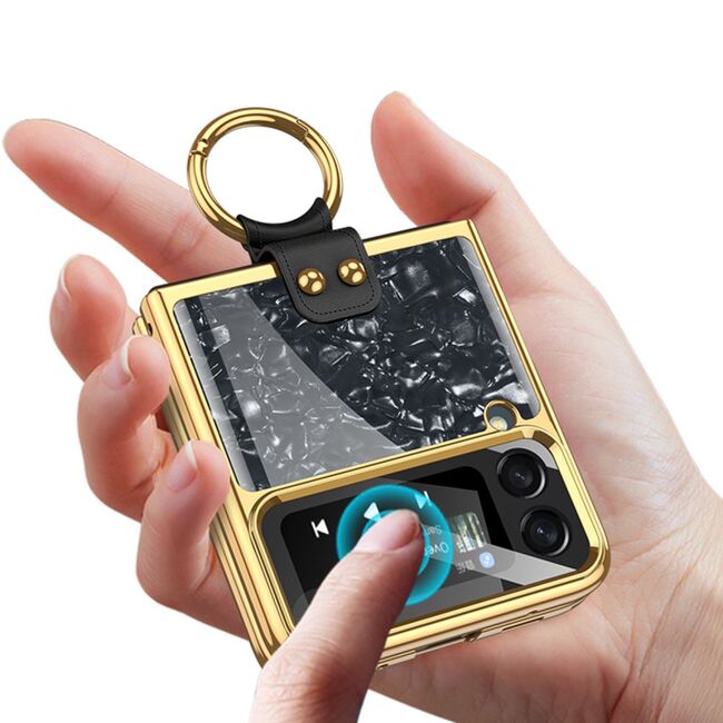 Husa pentru Samsung Galaxy Z Flip 4 anti shock cu inel si protectie camera, negru/gold