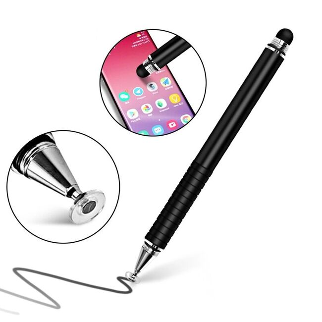 Stylus Pen 2 in 1 Fine Disc + Rubber Head Universal cu capac de protectie, Android si iOS, negru