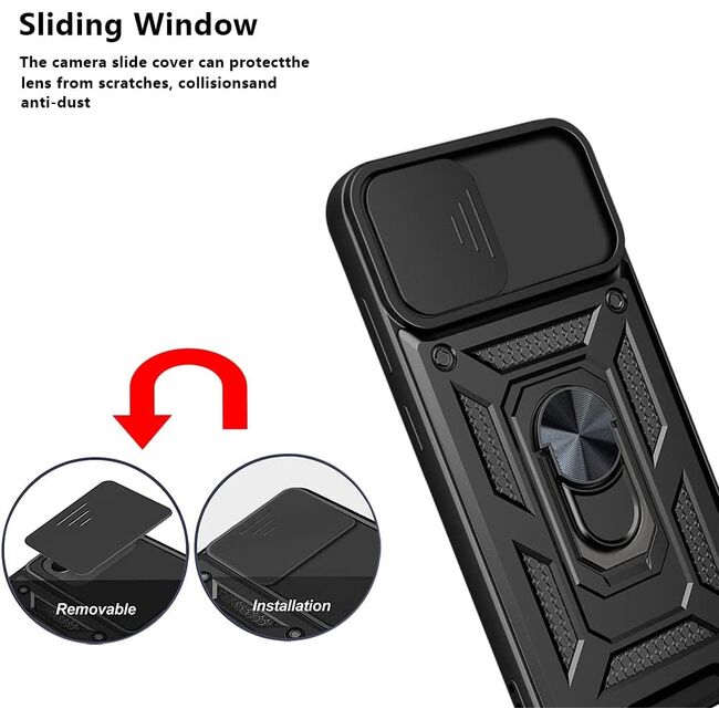 Pachet 360: Folie din sticla + Husa pentru Samsung Galaxy A03 cu inel Ring Armor Kickstand Tough, protectie camera (negru)