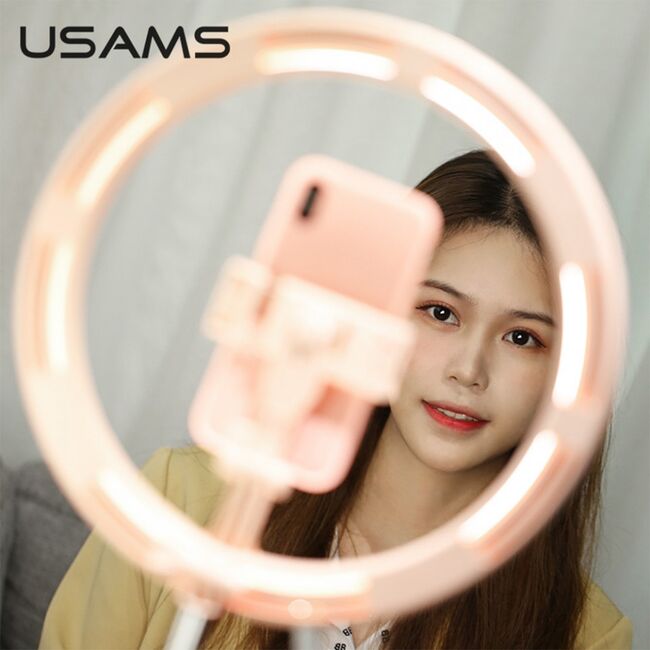 Lampa circulara LED cu suport telefon USAMS, roz, US-ZB120