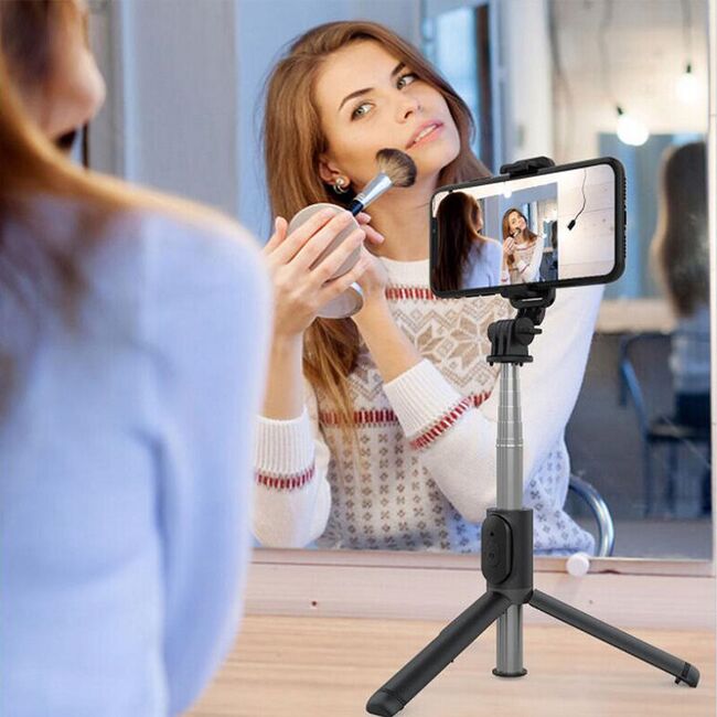 Selfie stick cu trepied telescopic si telecomanda wireless bluetooth, lungime reglabila 20-101 cm, negru