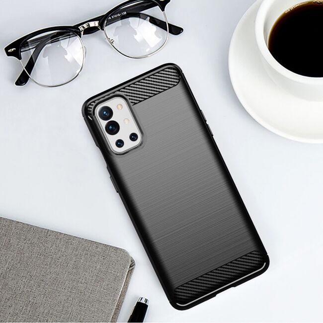 Husa oneplus 9r, carbon silicone, techsuit - negru