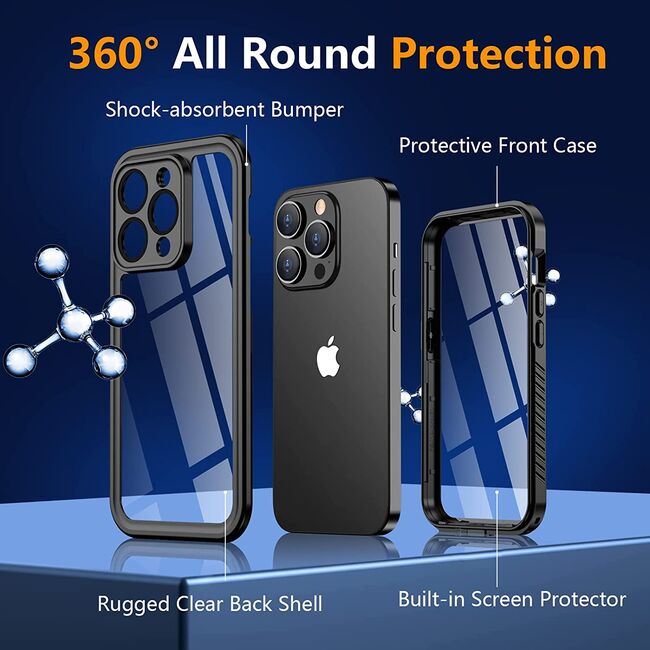 Pachet 360: Husa cu folie integrata iPhone 14 Pro ShockProof Dust-Water Proof Full Body, negru