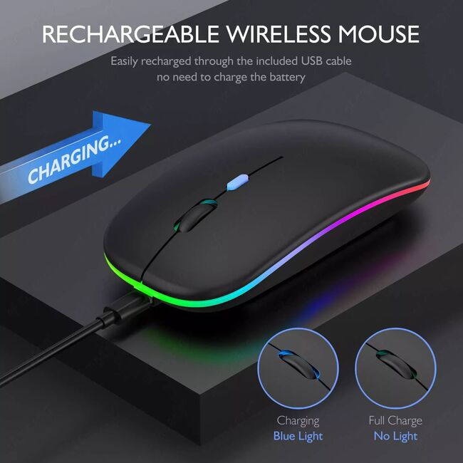 Mouse wireless iluminat LED Rechargeable (Bluetooth + USB 2.0, USB-C) 2.4GHz pentru Android, iOS, MAC, Windows, negru
