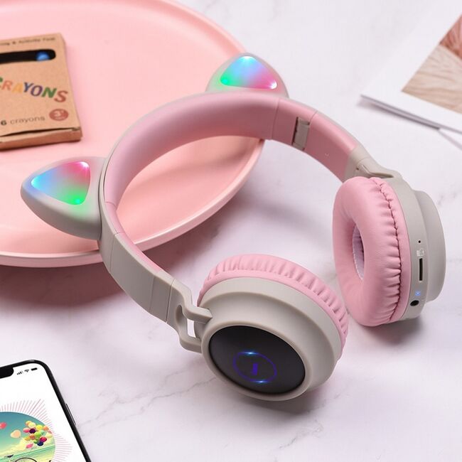 Casti cu urechi de pisica wireless Hoco W27, cu LED, gri roz