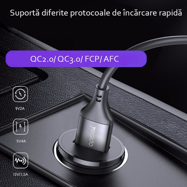 Incarcator auto Yesido Y38, USB QC2.0, QC3.0, FCP, AFC 20W, 4A, negru