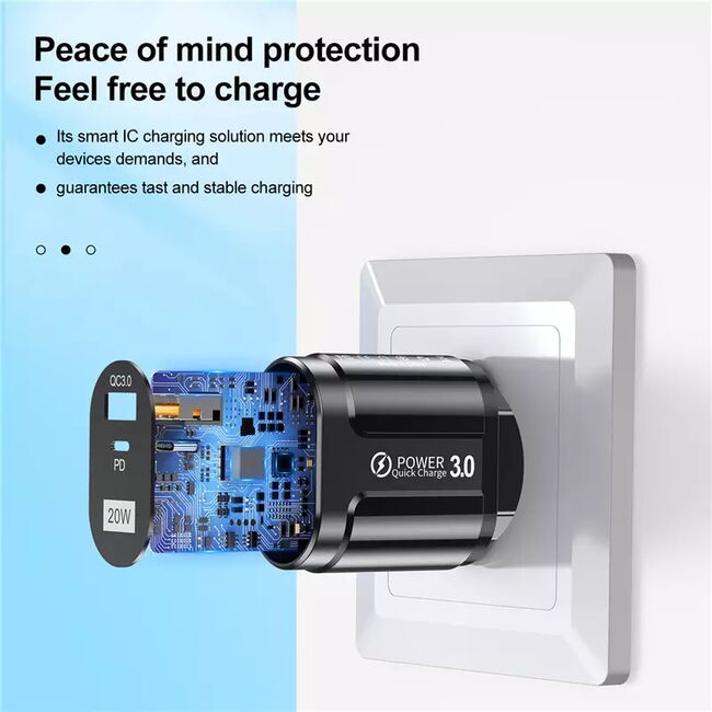 Incarcator rapid pentru Samsung Fast-Charge ProCharge cu Power Delivery si Quick Charge, 1 x USB-C, 1 x USB 20W, negru