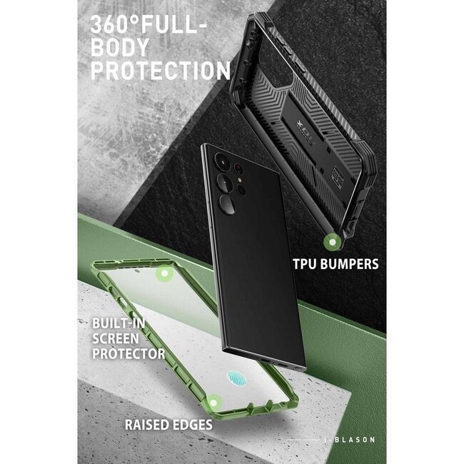 Husa 360 grade pentru Samsung Galaxy S23 Ultra Supcase i-Blason Armorbox, 2 capace frontale, Protectie display, Verde