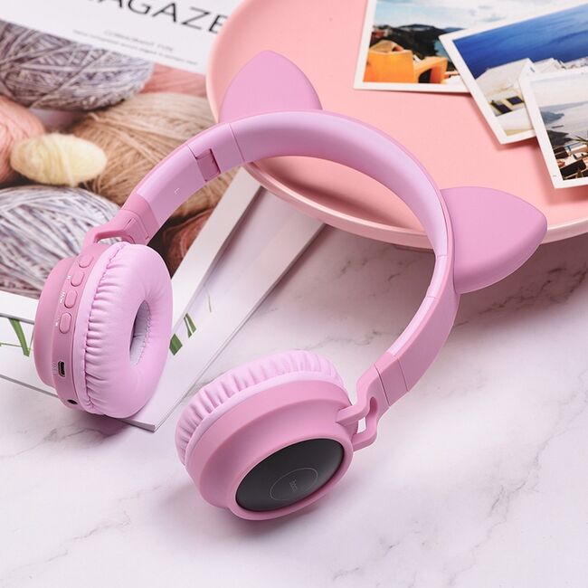 Casti cu urechi de pisica wireless Hoco W27, Bluetooth 5.0, cu LED, roz