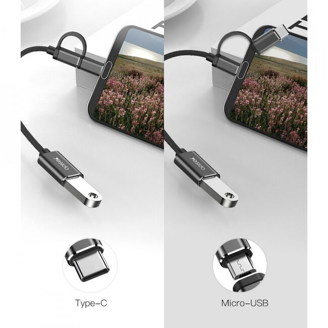 Adaptor USB OTG la Micro-USB + Type-C Yesido GS02, plug & play, negru