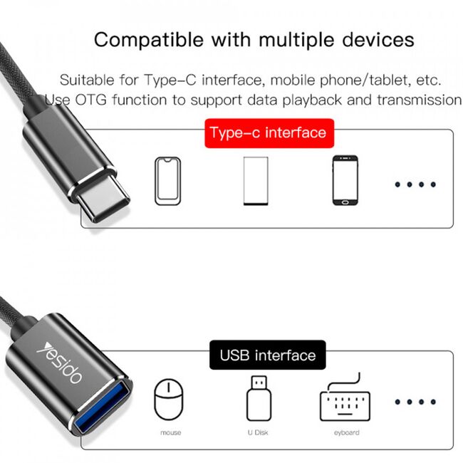Adaptor USB la Type-C OTG Yesido GS01, plug & play, negru
