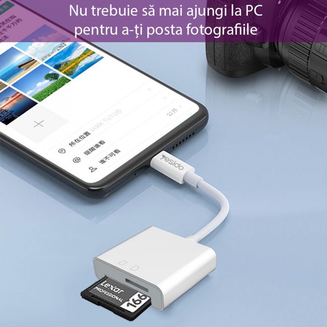 Adaptor iPhone, card reader SD, MicroSD Yesido GS11, Plug & Play, alb