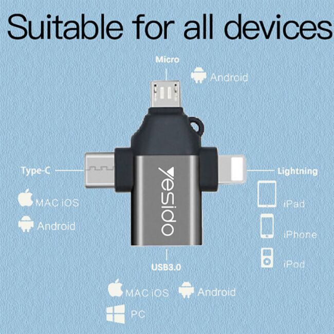 Adaptor OTG USB la Type-C, Lightning, Micro-USB Yesido GS15, negru