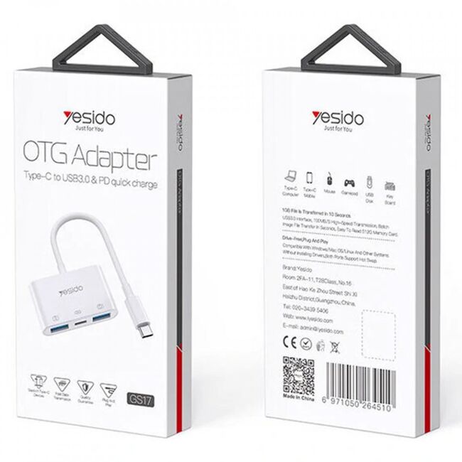 Adaptor OTG Type-C la 2x USB 3.0, PD Quick Charge Yesido GS17, alb
