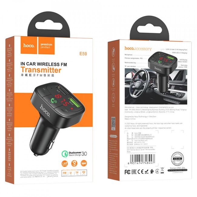 Modulator FM cu incarcator auto 2x USB Hoco E59, 18W, negru