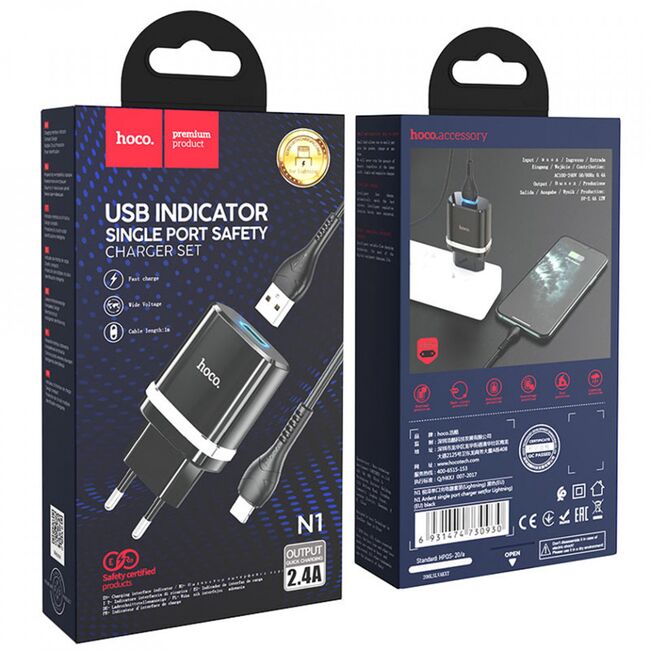 Incarcator priza USB + cablu Lightning Hoco N1, 2.4A , negru