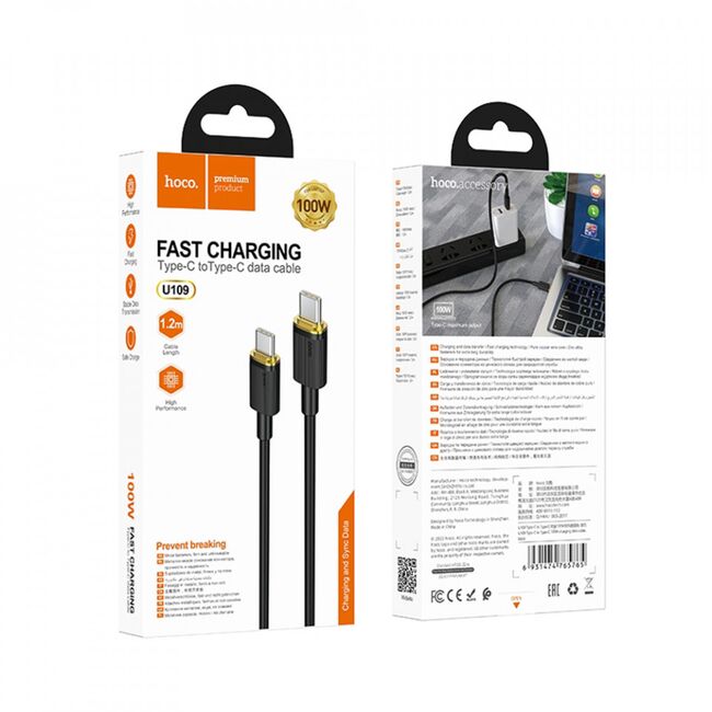 Cablu de date USB C - USB C 100W Hoco U109, 3A, 1.2m, negru