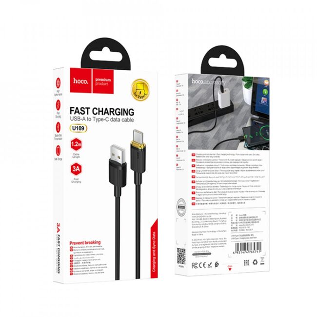 Cablu tip C Samsung de date Hoco U109, 3A, 1.2m, negru