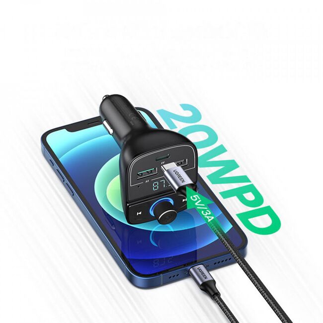 Modulator bluetooth auto FM Ugreen 2x USB, Type-C, MicroSD, negru, 80910