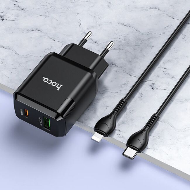 Incarcator priza USB, Type-C 20W + cablu Lightning Hoco N5, negru